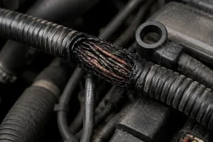 burning-rubber-smell-in-your-car-caused-by-damaged-electrical-wiring-with-exposed-copper-cables-inside-the-engine-bay