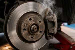 burning-rubber-smell-in-your-car-from-overheating-brakes-with-smoke-rising-from-a-damaged-brake-disc-and-caliper