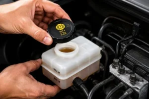 ABS-Warning-Light-caused-by-low-brake-fluid-level-with-a-mechanic-checking-the-brake-fluid-reservoir-in-the-engine-bay-to-maintain-vehicle-safety