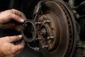 ABS-Warning-Light-related-damage-showing-a-mechanic-inspecting-a-corroded-ABS-tone-ring-and-wheel-hub-component-that-can-affect-braking-performance