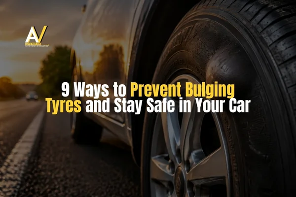 Bulging-Tyres-warning-sign-showing-a-close-up-of-a-damaged-car-tyre-sidewall-on-the-road-at-sunset-highlighting-the-importance-of-tyre-safety-checks-and-preventing-dangerous-tyre-failure