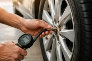 Checking-Bulging-Tyres-prevention-with-a-digital-tyre-pressure-gauge-connected-to-a-car-wheel-showing-the-importance-of-maintaining-correct-tyre-pressure-for-safe-driving
