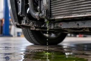 Close-up-of-a-Leaking-Radiator-dripping-green-coolant-underneath-a-vehicle