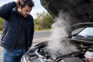 Driver-checking-an-overheating-car-caused-by-a-Leaking-Radiator-on-the-roadside