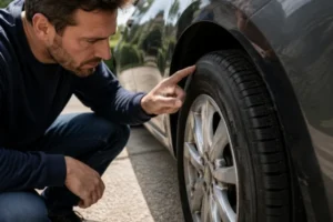 Driver-inspecting-car-wheels-for-Bulging-Tyres-by-checking-the-tyre-sidewall-for-damage-helping-identify-early-warning-signs-before-a-dangerous-blowout