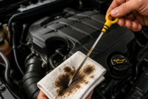 Engine-Oil-Light-inspection-with-a-mechanic-checking-engine-oil-level-using-a-dipstick-in-the-car-engine-bay