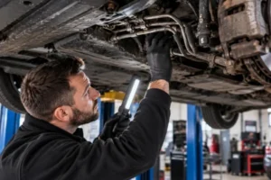 Mechanic-inspecting-brake-lines-and-components-for-signs-of-low-brake-fluid-and-leaks-under-a-car-on-a-workshop-lift