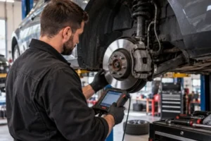 Mechanic-performing-a-professional-brake-system-check-to-diagnose-low-brake-fluid-inside-an-AutoNet-VIP-workshop-in-Harlow