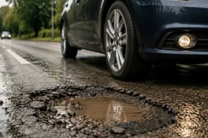 Preventing-Bulging-Tyres-by-avoiding-potholes-on-wet-roads-showing-a-car-approaching-a-road-hazard-that-can-damage-tyres-and-affect-vehicle-safety